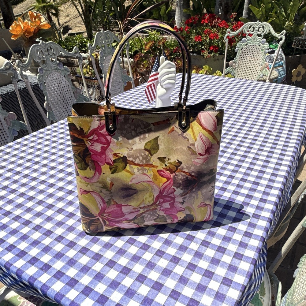 Silk Rose Multicolor Floral Tote Bag Zip Top Gold Hardware Detachable Strap